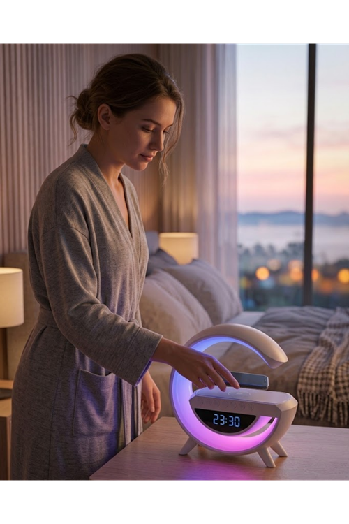 Çok Fonksiyonlu Kablosuz Şarjlı Saat Hoparlör RGB Işık ve Alarm Özellikli