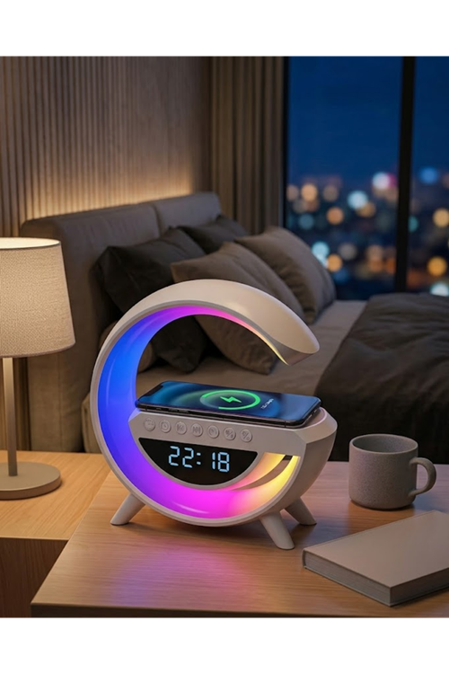 Kablosuz Şarjlı LED Işıklı Masa Saati Bluetooth Hoparlör Alarm Fonksiyonlu