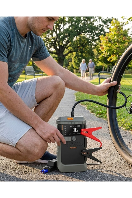 Araç Lastik Basınç Pompası Akü Takviye Powerbank ve SOS Işıklı Çok Fonksiyonlu Cihaz