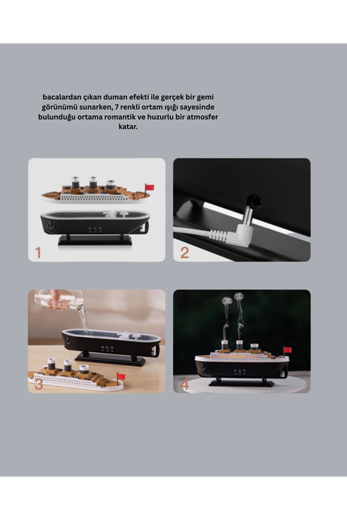 Ultra Sessiz Titanik Gemi LED Işıklı Aroma Difüzörü Oda Nemlendirici