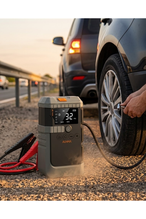 Araç Akü Takviye Powerbank Lastik Şişirme Kompresörü LED Işıklı Çok Fonksiyonlu Acil Durum Cihazı