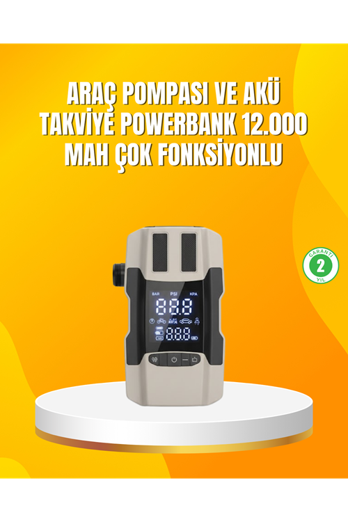 12.000 mAh Akü Takviye Powerbank Dahili Hava  Dijital Ekranlı