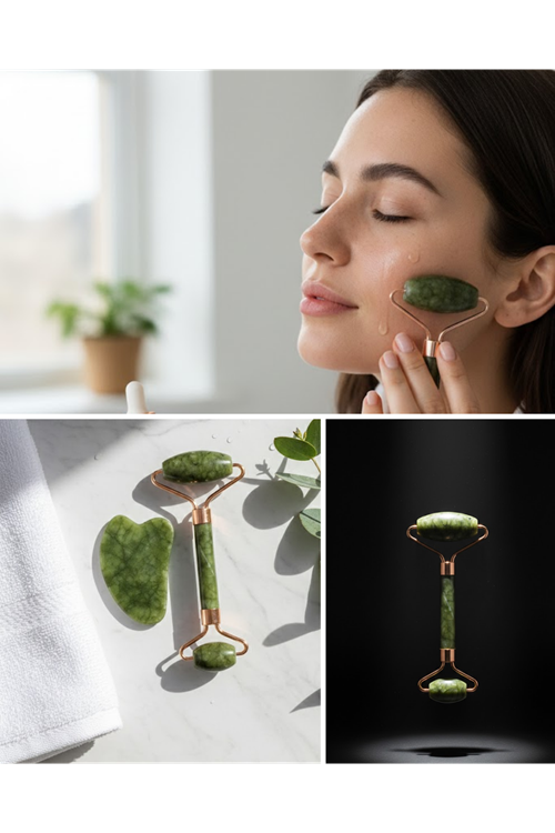 Doğal Yeşim Roller ve Gua Sha Yüz Şekillendirme Seti