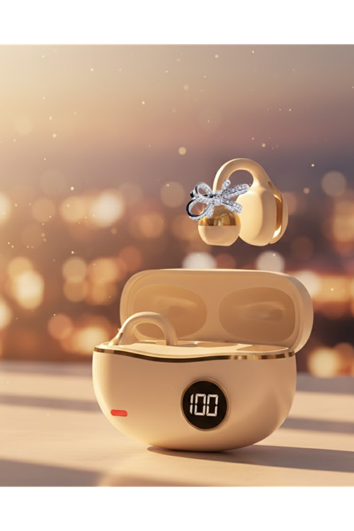 Şık ve Taşınabilir Bluetooth Kulaklık Gün Boyu Kullanım 2 Kurdele Küpe Hediyeli