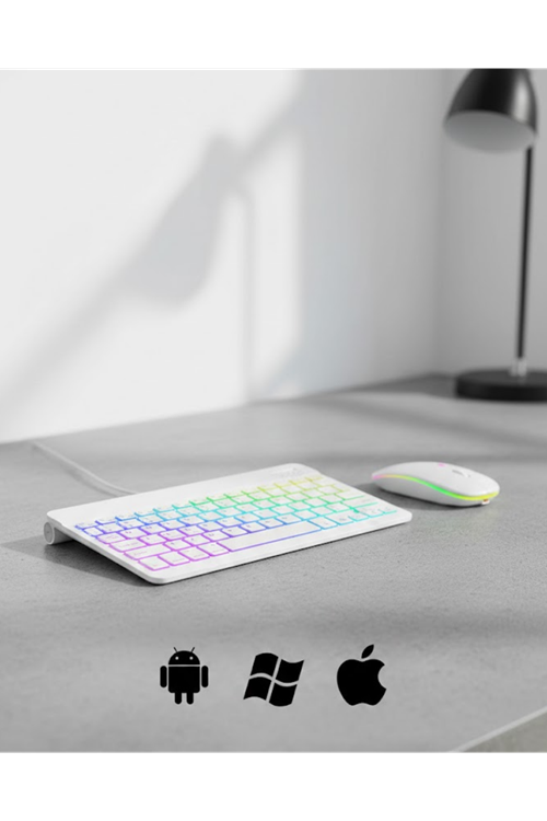 Türkçe Q Aydınlatmalı Klavye Mouse Seti Kablosuz Bluetooth Destekli