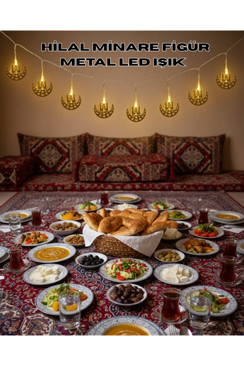 Pilli Minareli Hilal LED Işık Gold Metal Ramazan Dekorasyonu