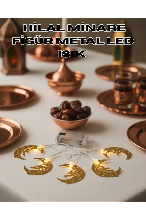 Minareli Hilal LED Işık Gold Metal Gövdeli Pilli Ramazan Dekoru