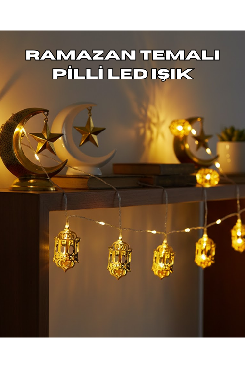 Ramazan Dekoru İçin Pilli LED Işık Altın Fener Tasarımlı