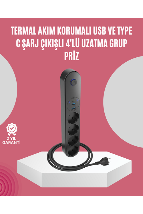Led Anahtarlı Akım Korumalı Çoklu Priz 4 Priz 3 USB Girişli