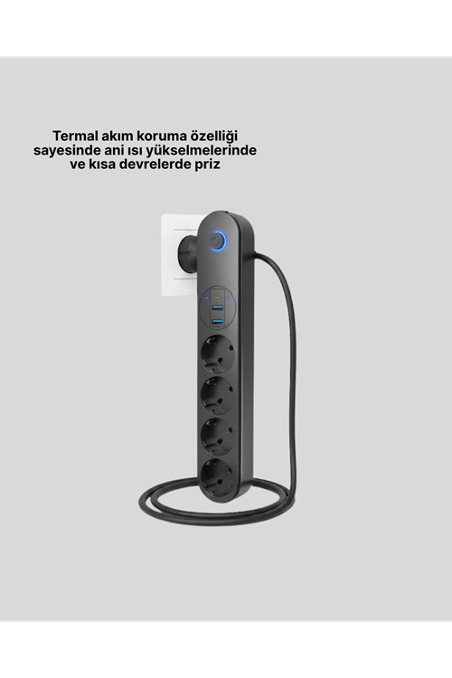 Akım Korumalı Çoklu Priz 4’lü 2 USB 1 Type-C 2500W Güçlü Tasarım