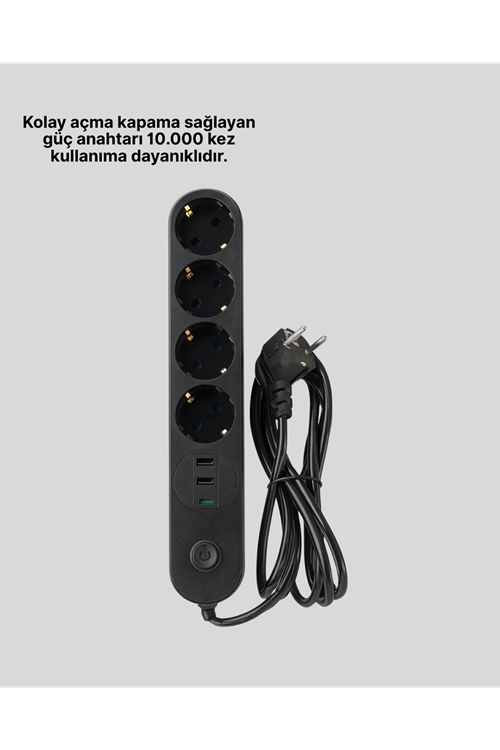 Akım Korumalı Çoklu Priz 4’lü 2 USB 1 Type-C 2500W Güçlü Tasarım