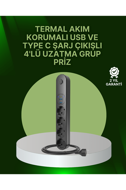 4 Priz 2 USB 1 Type-C Akım Korumalı Çoklu Priz Led Anahtarlı