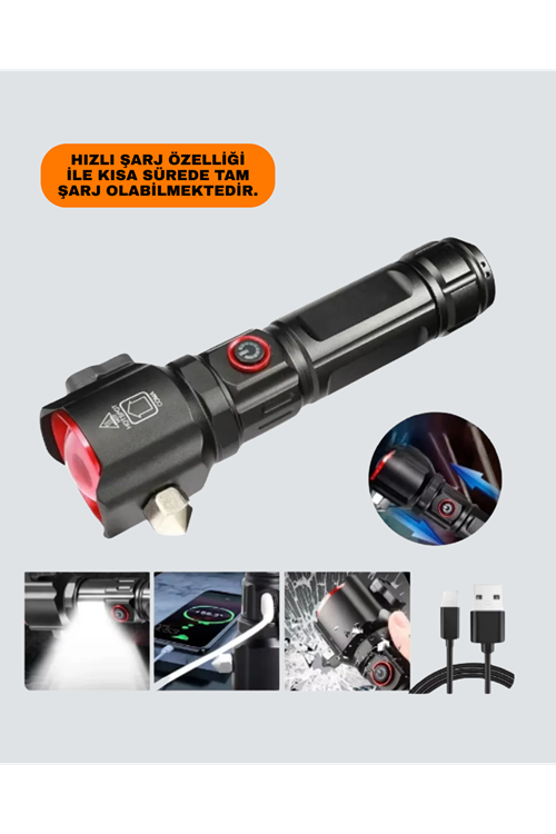 Çekiçli Pusulalı Acil Durum Feneri USB Şarjlı Çok Fonksiyonlu
