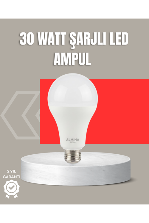 30W Şarjlı LED Ampul E27 Duy %80 Enerji Tasarruflu Soğuk Beyaz