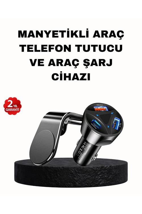 Manyetik Araç Telefon Tutucu ve Hızlı Şarj Adaptörü 2’li Set