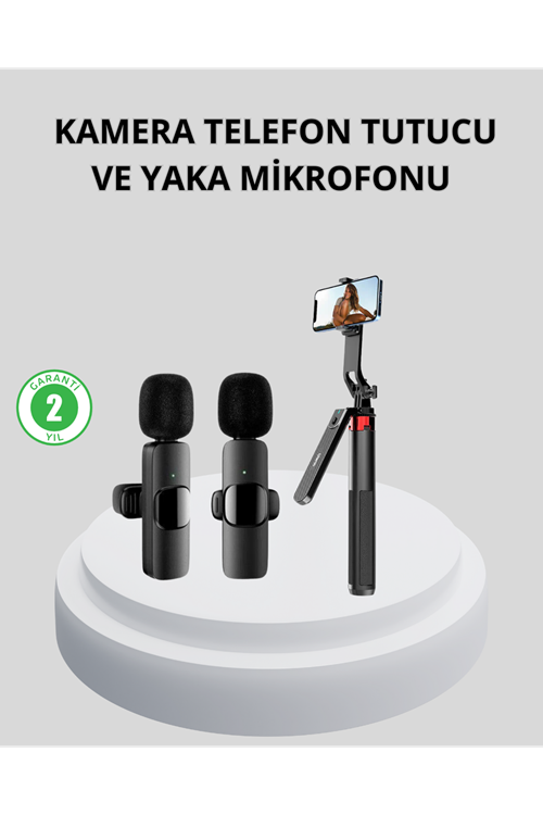 Kablosuz Çift Yaka Mikrofonu ve Tripodlu Selfie Çubuğu İçerik Üretici Seti
