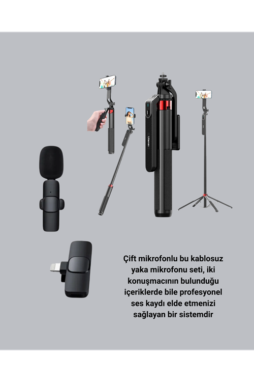 Kablosuz Çift Yaka Mikrofonu ve Tripodlu Selfie Çubuğu İçerik Üretici Seti