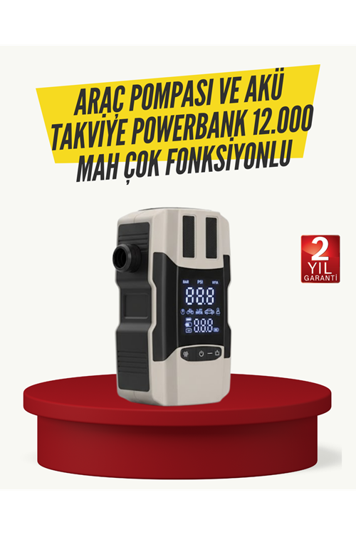 Araç Lastik Şişirme Pompası ve Akü Takviye Powerbank Bir Arada