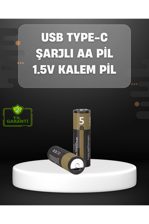 USB Type-C Girişli Şarjlı AA Lityum Pil | 1.5V Sabit Çıkış | 3200mWh (2'li Paket)