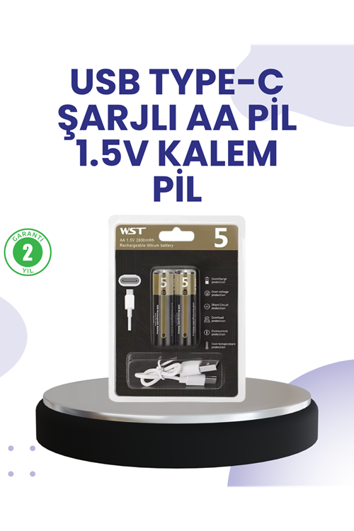 Type-C USB ile Hızlı Şarj Edilebilir AA Kalem Pil | 1.5V Lityum | Çiftli Paket