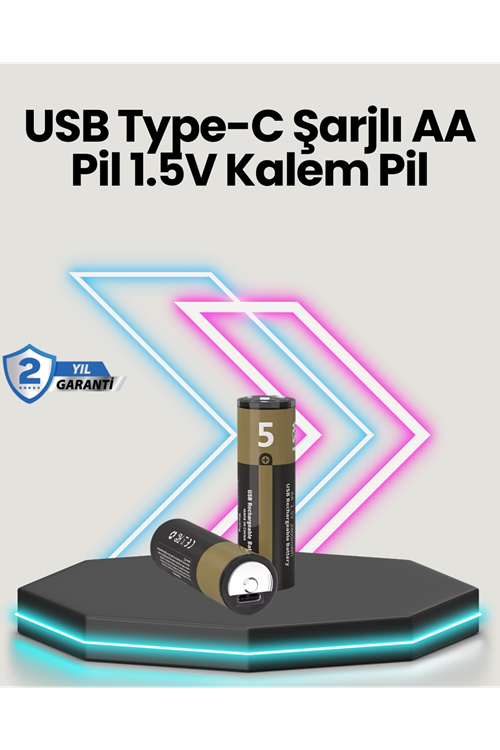 Yüksek Performanslı AA USB Şarjlı Lityum Pil | 1.5V Sabit Güç | 2’li Paket