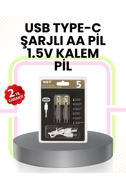 Tekrar Şarj Edilebilir AA USB Type-C Pil | 1000+ Döngü | 1.5V Sabit Voltaj