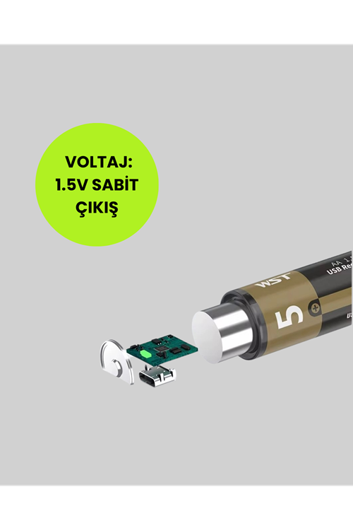 Tekrar Şarj Edilebilir AA USB Type-C Pil | 1000+ Döngü | 1.5V Sabit Voltaj