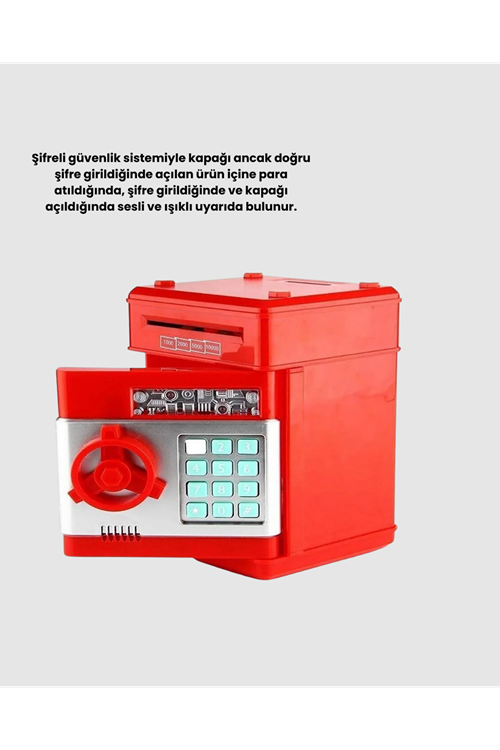 Şifreli Kırmızı ATM Tasarımlı Çelik Kasa Görünümlü Kumbara