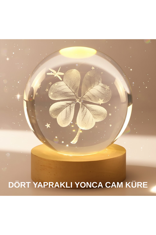 Bitki Temalı LED Işıklı Cam Küre Ahşap Standlı Modern Gece Lambası