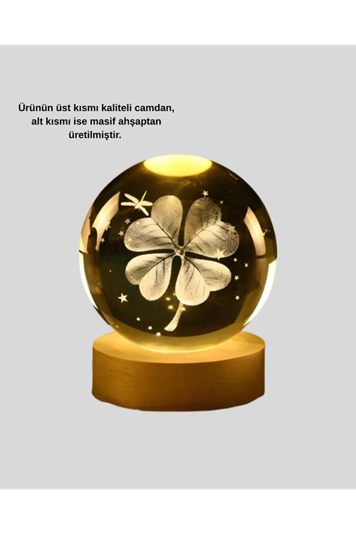 Bitki Temalı LED Işıklı Cam Küre Ahşap Standlı Modern Gece Lambası