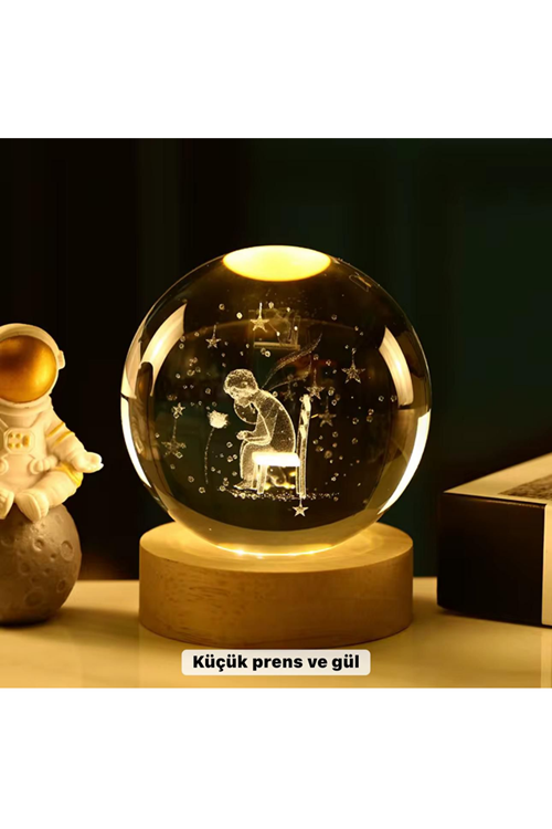 Küçük Prens Temalı Büyük Boy Işıklı Cam Küre Ahşap Stand