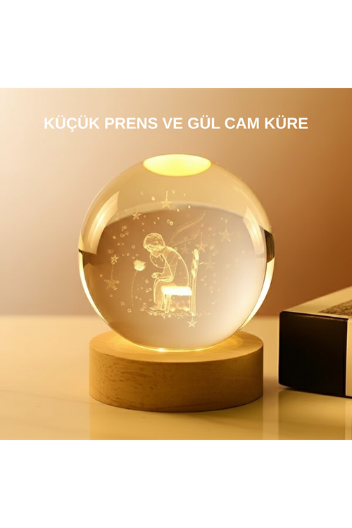 USB’li Küçük Prens Işıklı Cam Küre Ahşap Altlıklı Dekoratif Lamba