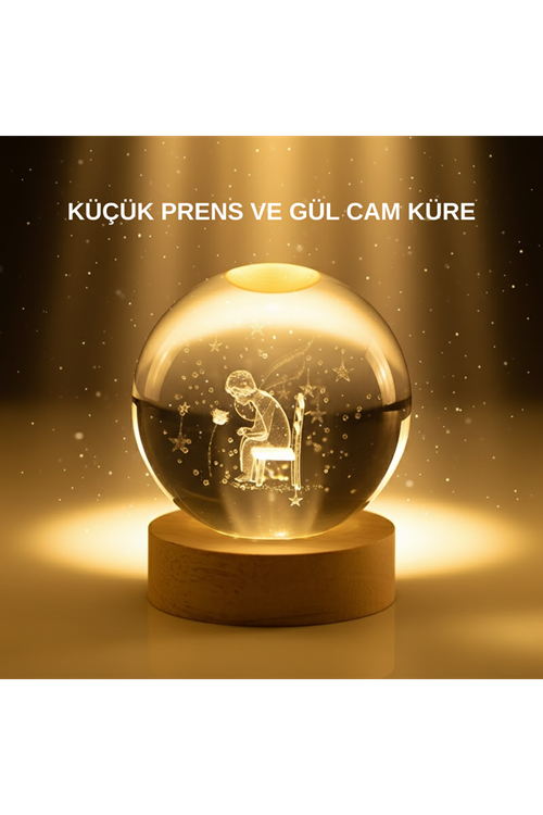 Küçük Prens Cam Küre USB Işıklı Ahşap Standlı Büyük Boy