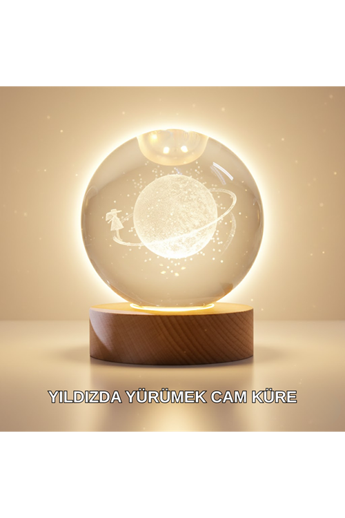 Ahşap Standlı Sarı Işıklı Dekoratif Küre Kız Figürü Tasarım