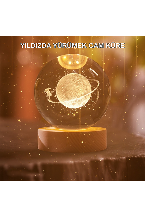Kız Figürlü Sarı Cam Küre Işıklı Büyük Boy Ahşap Standlı Dekor