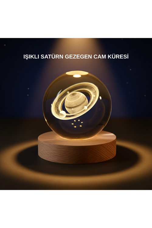 Satürn Desenli Kristal Küre LED Gece Lambası Ahşap Standlı
