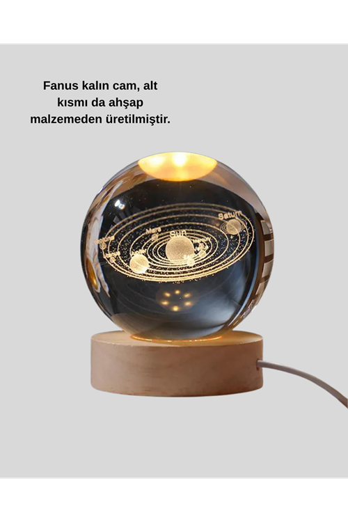Ahşap Standlı LED Kristal Küre Lazer İşlemeli Dekoratif Obje