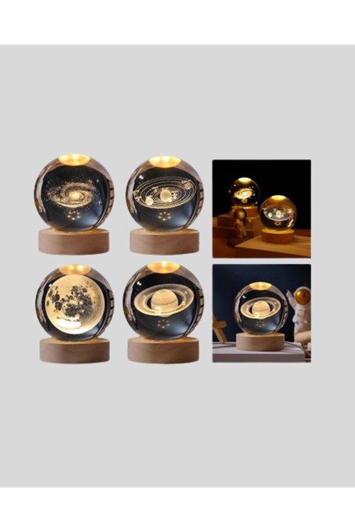 Satürn Desenli Kristal Küre LED Gece Lambası Ahşap Standlı