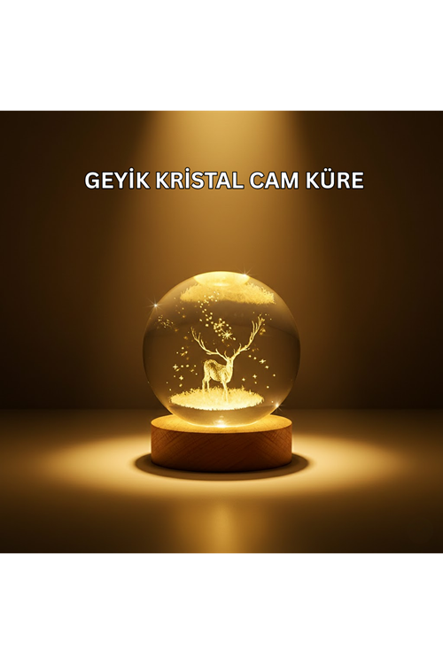 USB Bağlantılı Geyik Temalı Kristal Küre Premium Masa Gece Lambası