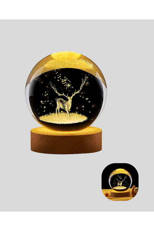 USB Bağlantılı Geyik Temalı Kristal Küre Premium Masa Gece Lambası