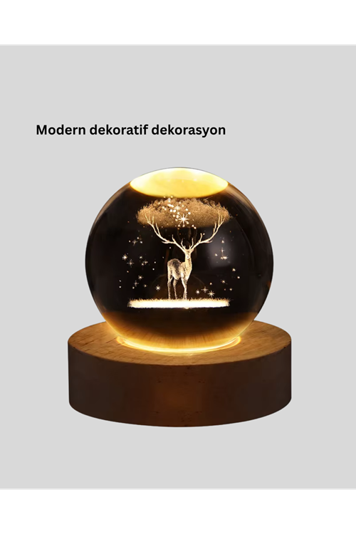 USB Bağlantılı Geyik Temalı Kristal Küre Premium Masa Gece Lambası