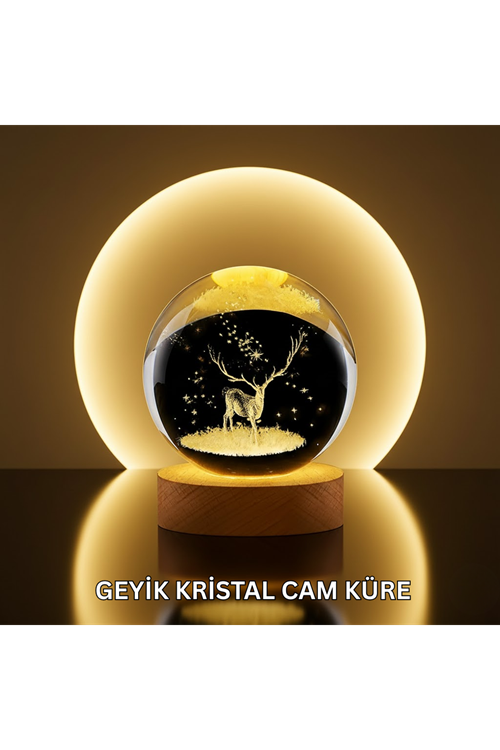 Doğal Ahşap Standlı Geyik Figürlü Kristal Küre LED Dekoratif Lamba