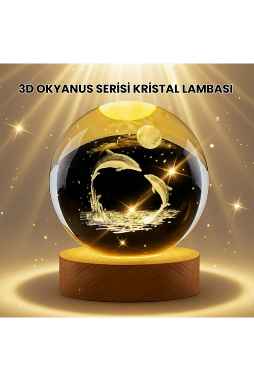 Lazer İşlemeli Yunus Kristal Küre Sıcak Işıklı Ahşap Standlı