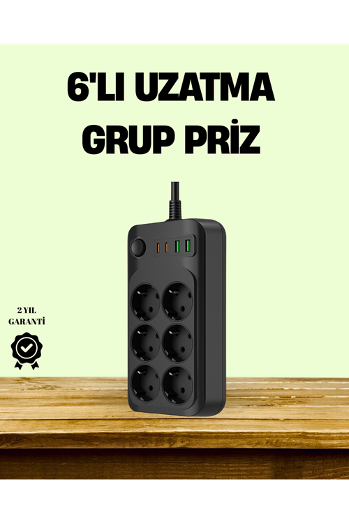 2500W Güçlü 6’lı Priz USB ve Type-C Çıkışlı Termal Korumalı