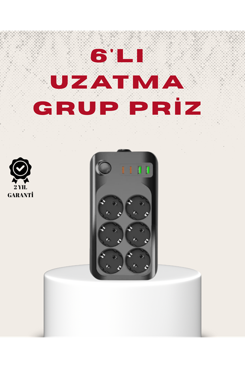 6’lı Grup Priz Termal Korumalı USB Type-C Çoklu Priz 2 Metre Kablo