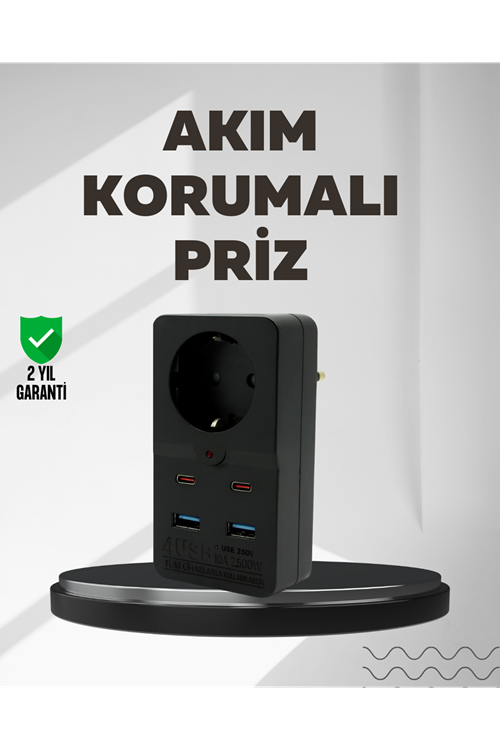Tip Akım Koruma Prizi 10A 2500W USB Type C Destekli