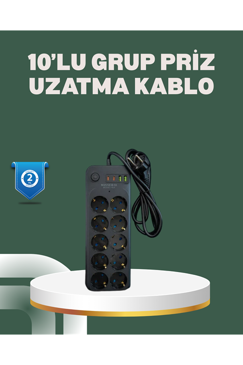 Termal Koruma Sistemli USB Type-C 10’lu Grup Priz 2m 2500W Güç Kapasiteli