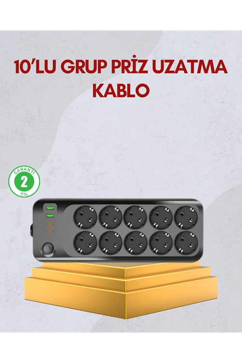 10 Prizli Uzatma Kablosu Termal Koruma USB Type-C Hızlı Şarj 2500W