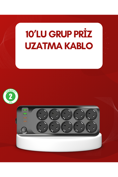 USB Type-C Destekli 10’lu Grup Priz Termal Korumalı 2m Kablo 2500W