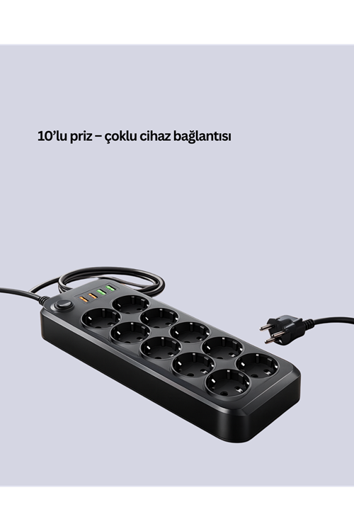 Termal Akım Korumalı 10’lu Grup Priz USB Type-C Hızlı Şarj 2500W 2m Kablo